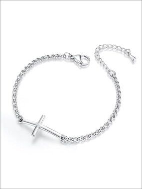 14K Gold Plated Sideways Cross Bracelet Adjustable Rolo Chain Religious